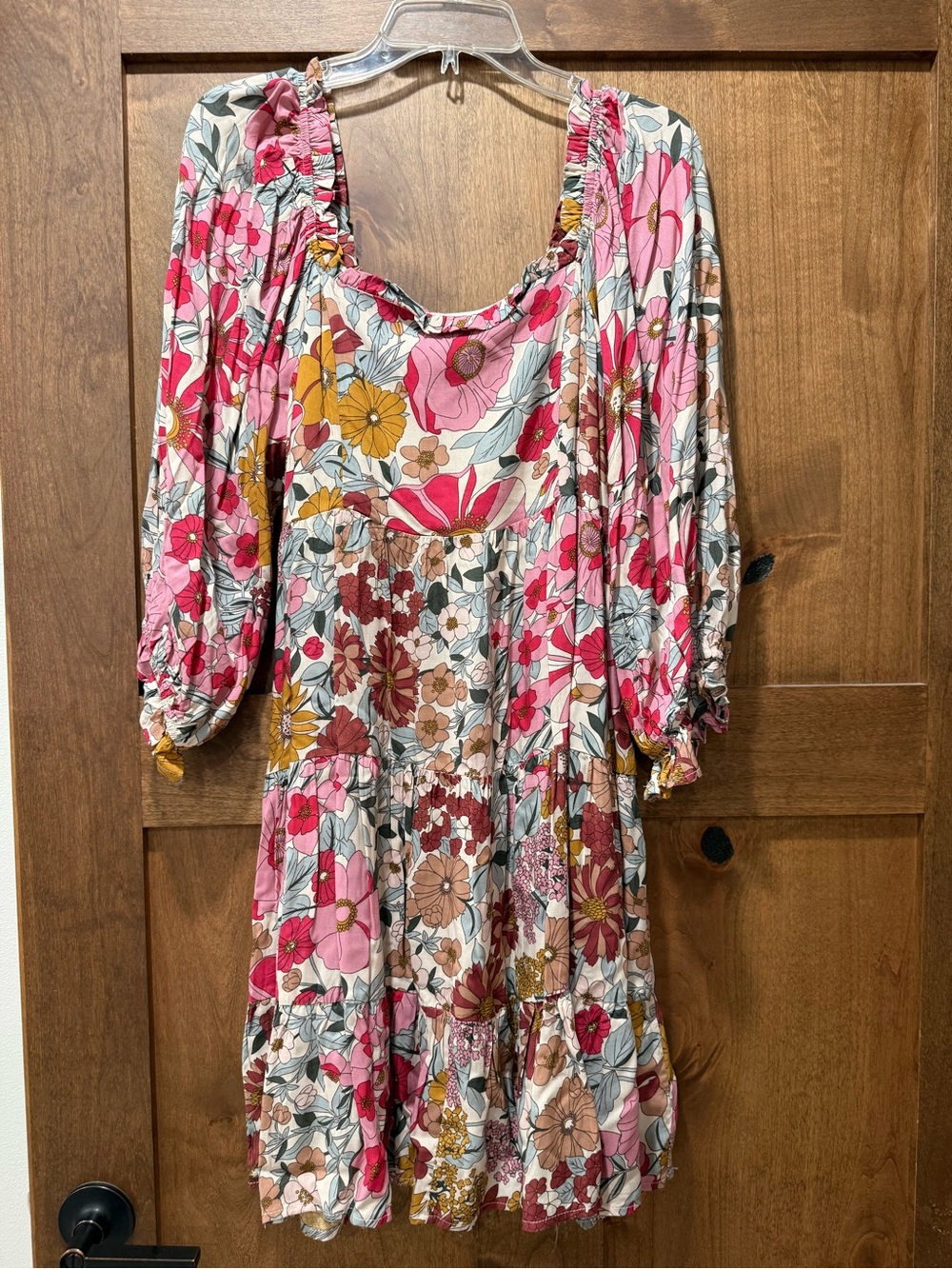 JODIFL Pink Floral Boho Tiered Dress with Yellow & Brown Accents